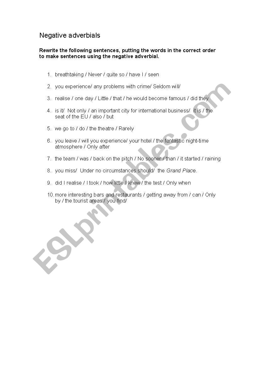 Negative Adverbials worksheet