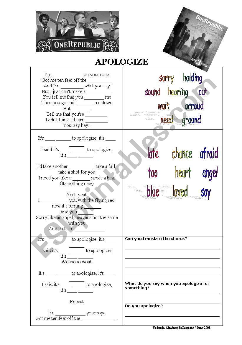 Apologise worksheet