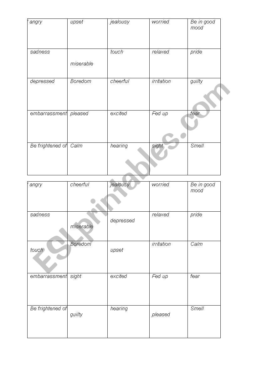 Bingo game worksheet