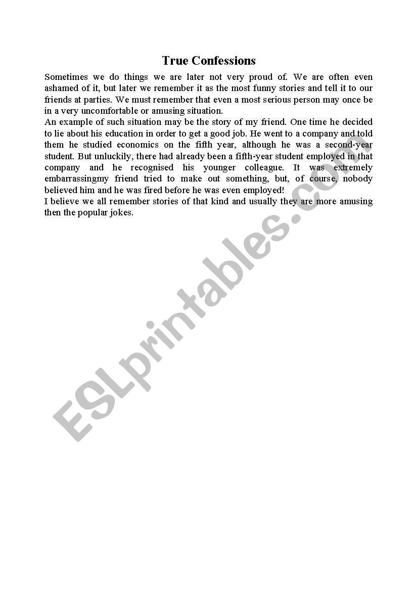 True Confessions worksheet