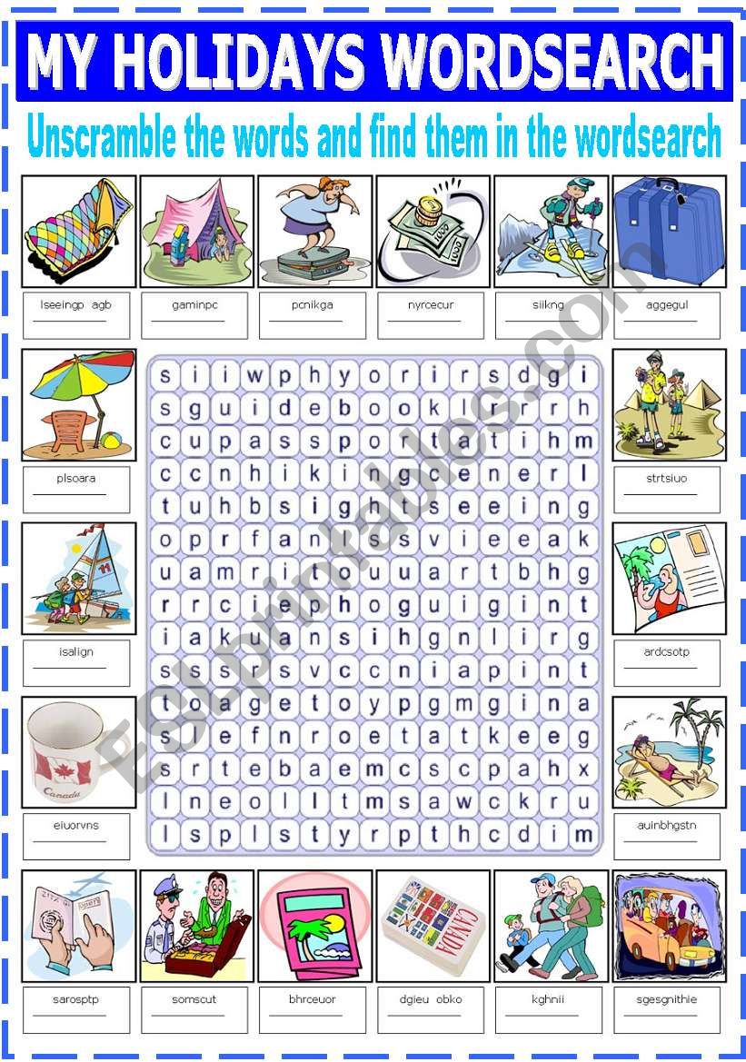 MY HOLIDAYS WORDSEARCH worksheet