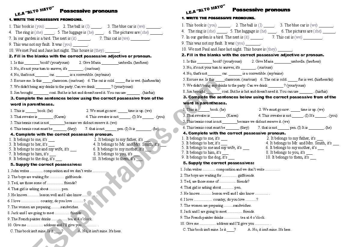 possessive pronoun worksheet