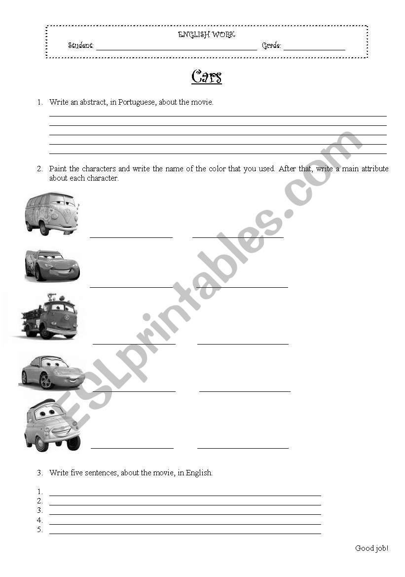 movie cars worksheet