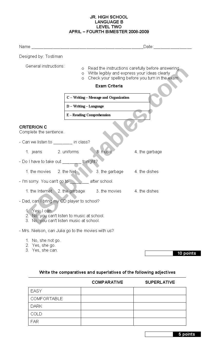 SEVEN GRADE TEST JR. HIGH worksheet