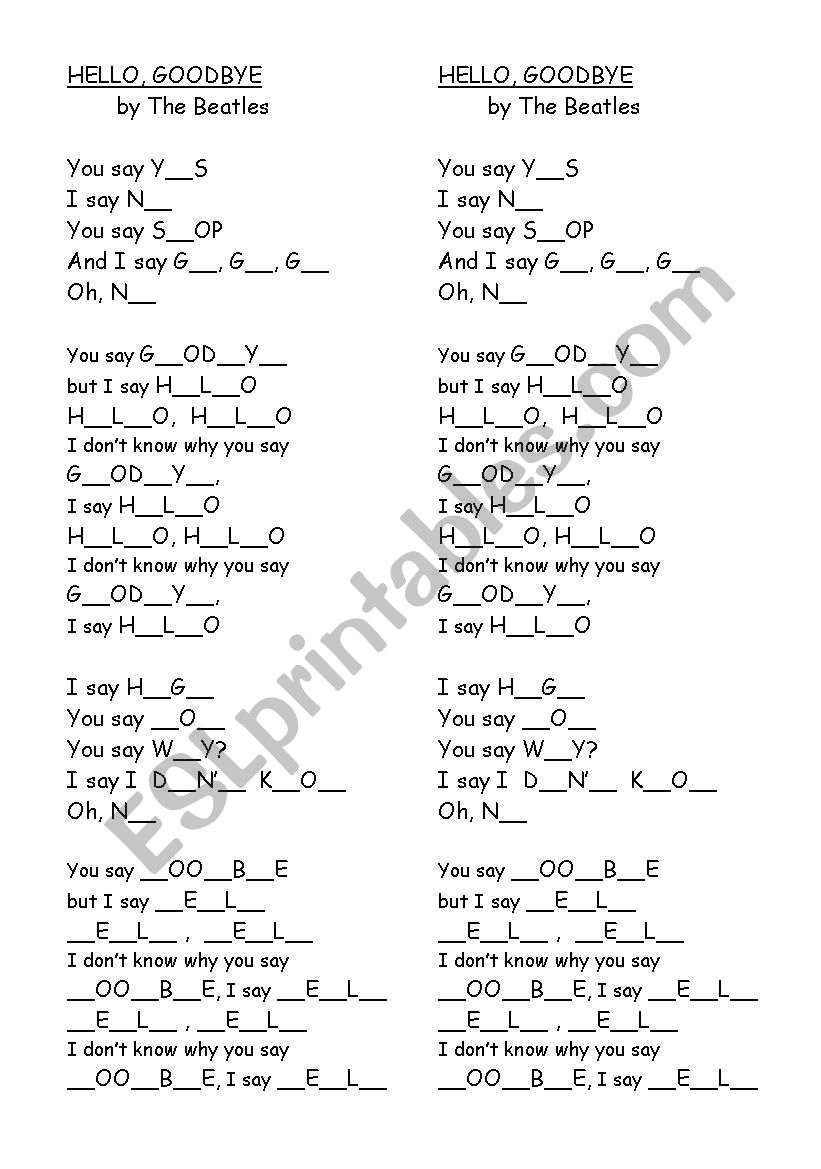 Hello Goodbye Song worksheet