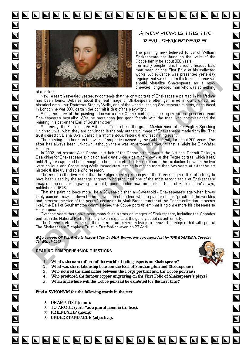 SHAKESPEARES PORTRAIT READING COMPREHENSION (WITH ANSWERS)