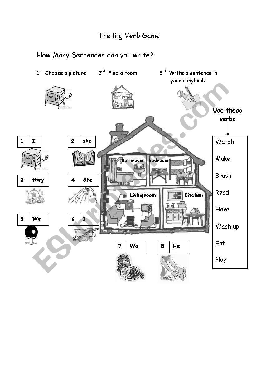 The house and verbs game worksheet