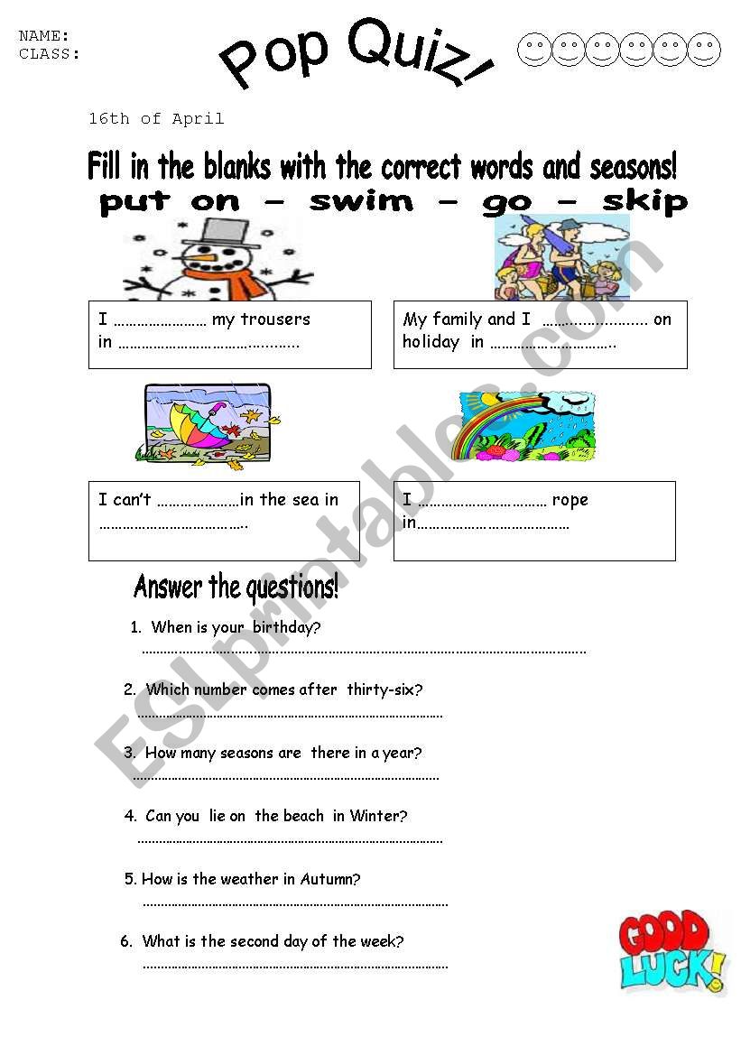 pop quiz for elemantary  worksheet