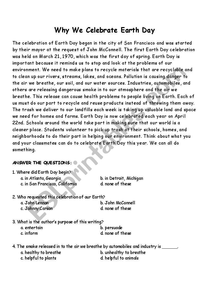 Why We Celebrate Earth Day worksheet