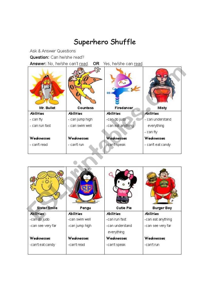 Superhero Shuffle worksheet