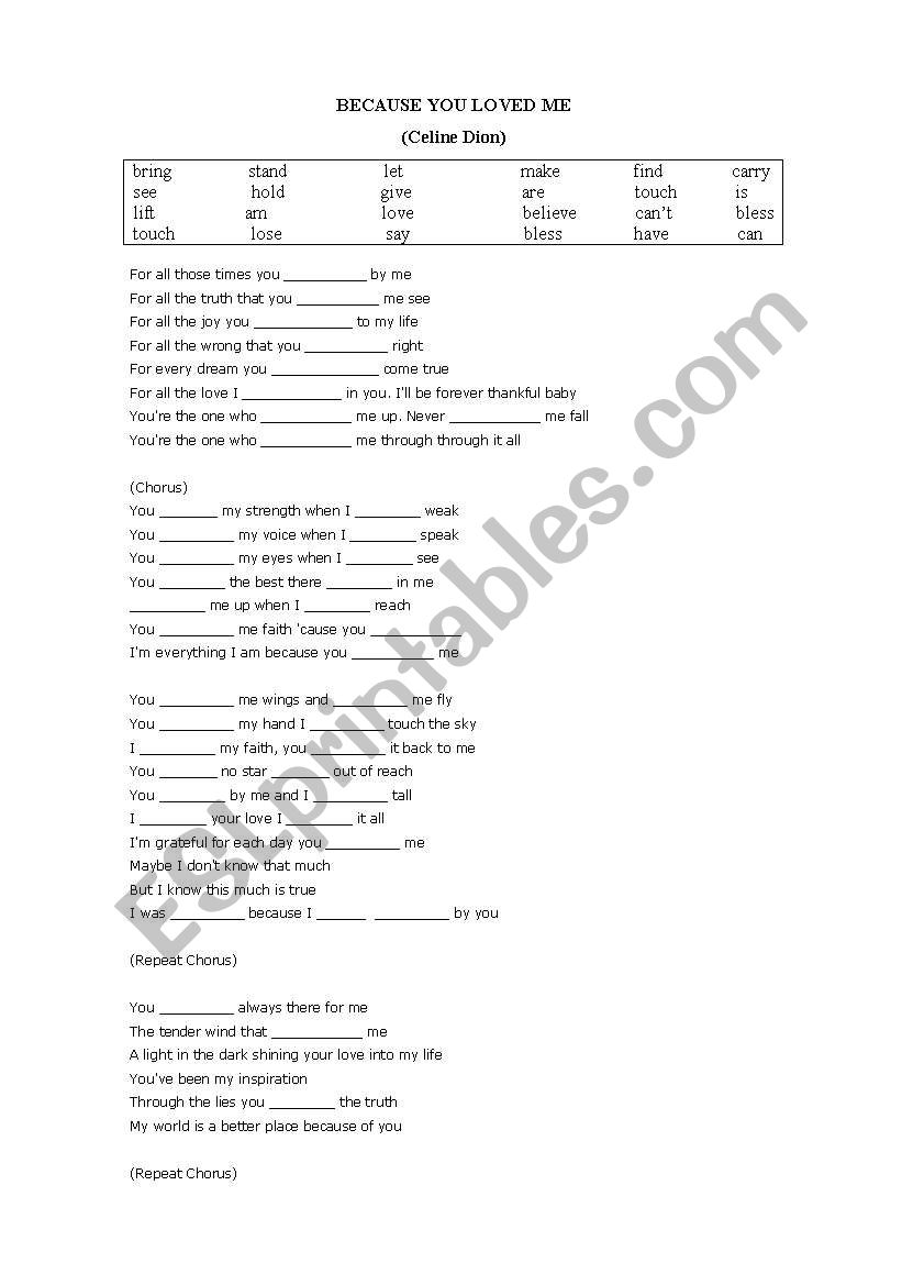 Because you loved me- Song worksheet (Past Simple)
