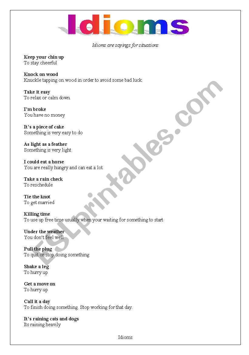 Idiom definition, examples, worksheet