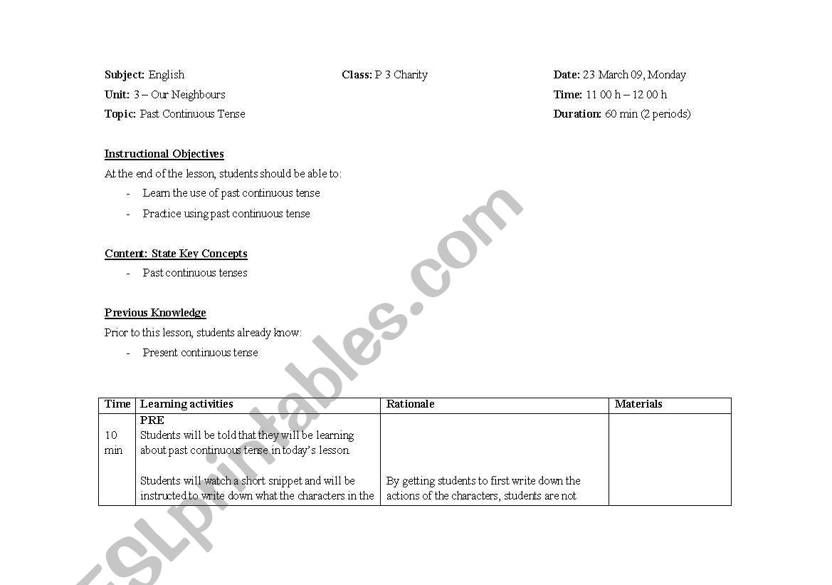 past continuous tense - lesson plan