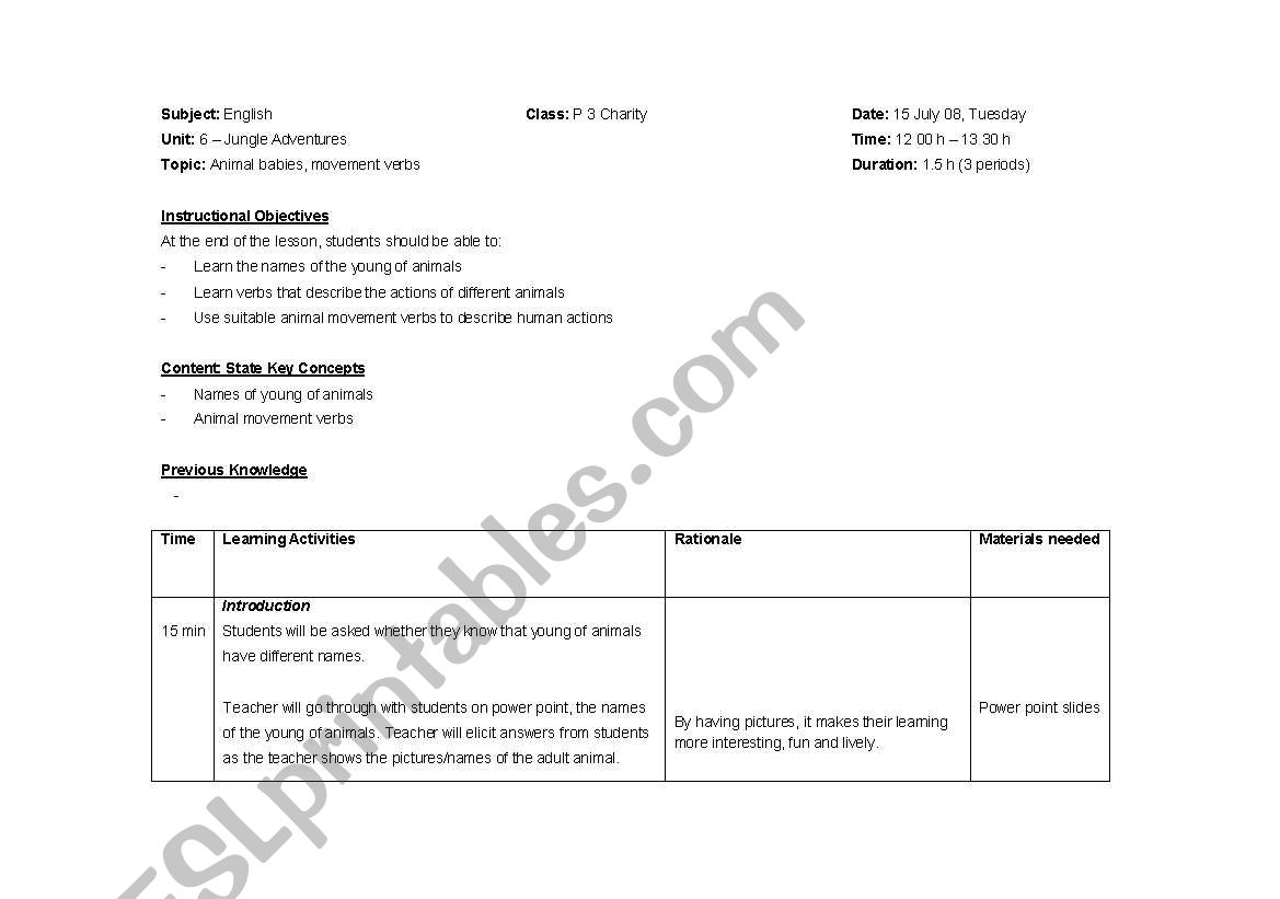 animal babies and movement verbs - lesson plan