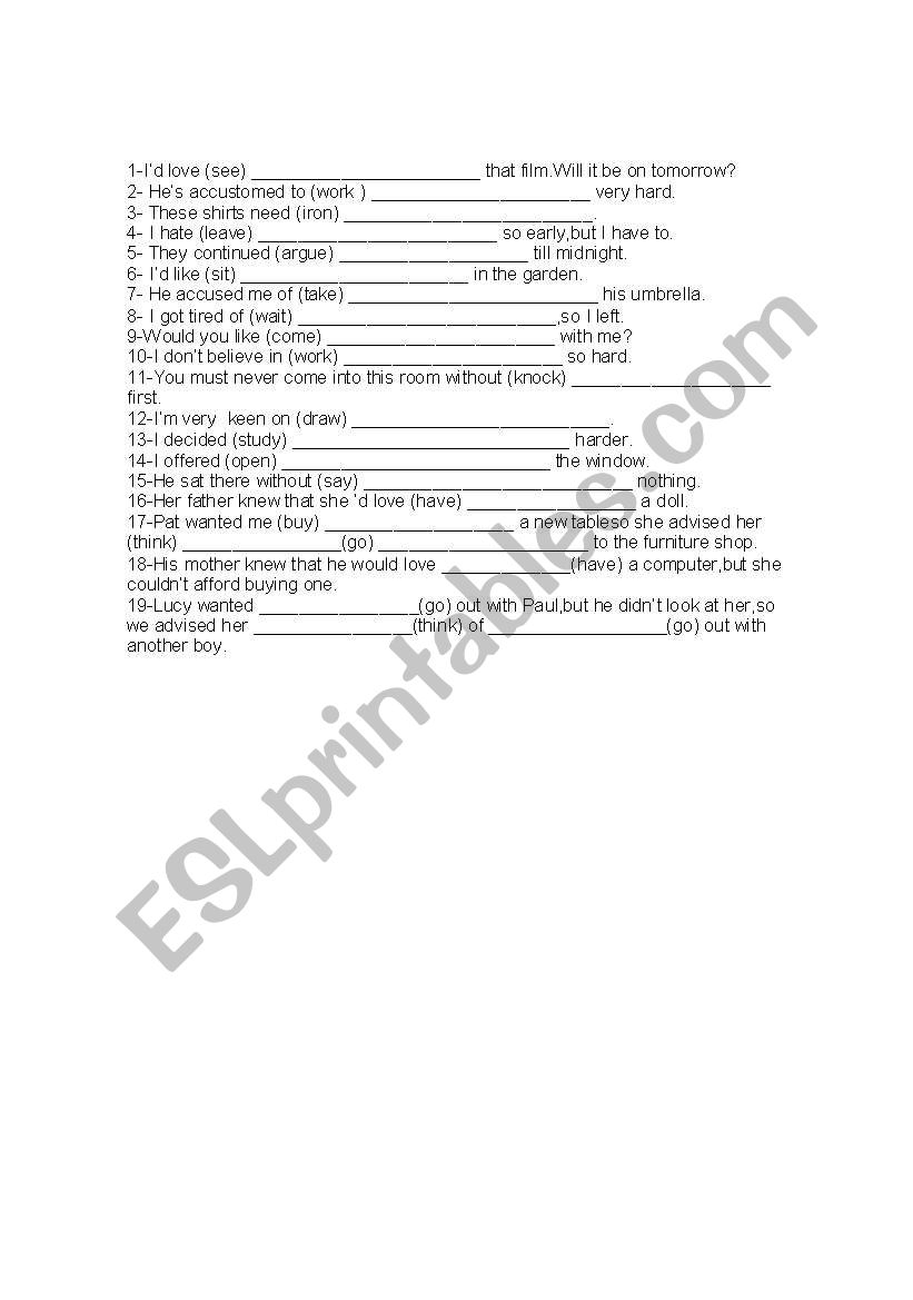 Gerunds and infinitives worksheet