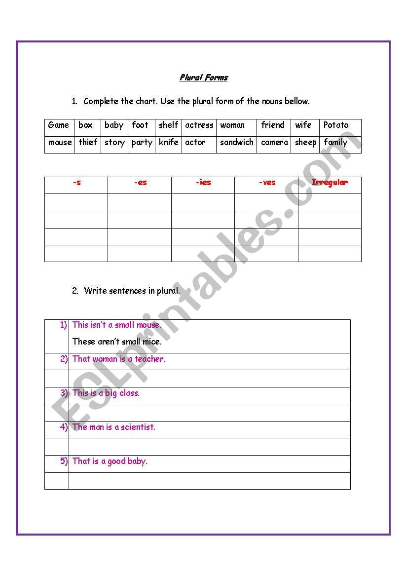 Test on Plural Forms worksheet