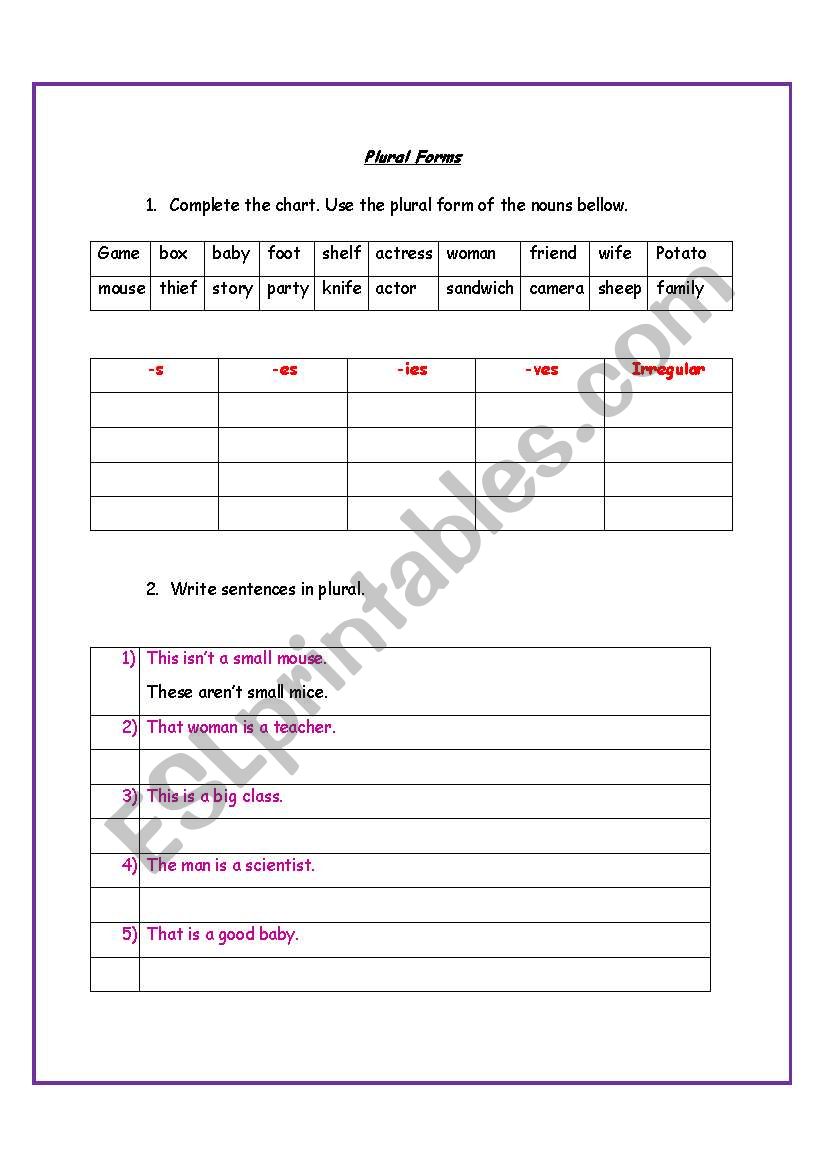 Test on Plural Forms worksheet