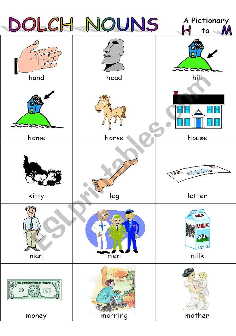 Pictionary: DOLCH NOUNS    H-Sh (part  3 ) 2 pages