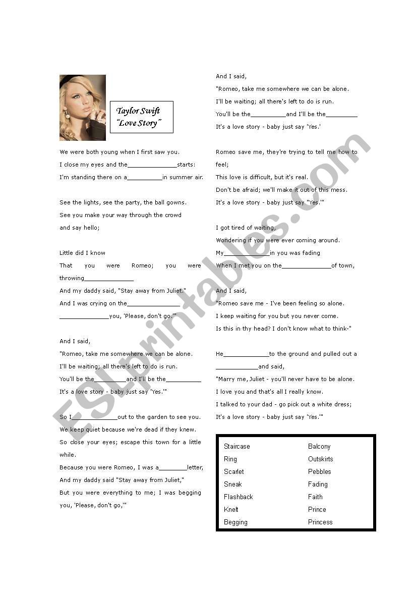 Love Story by Taylor Swift worksheet