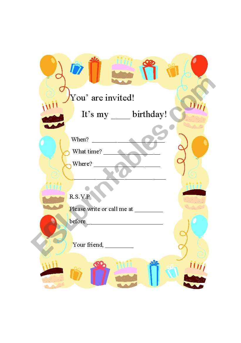 Writing a Birthday Party Invitation Card - ESL worksheet by worldangel