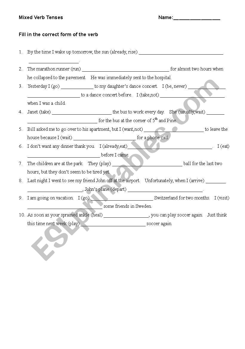 Mixed verb tenses worksheet