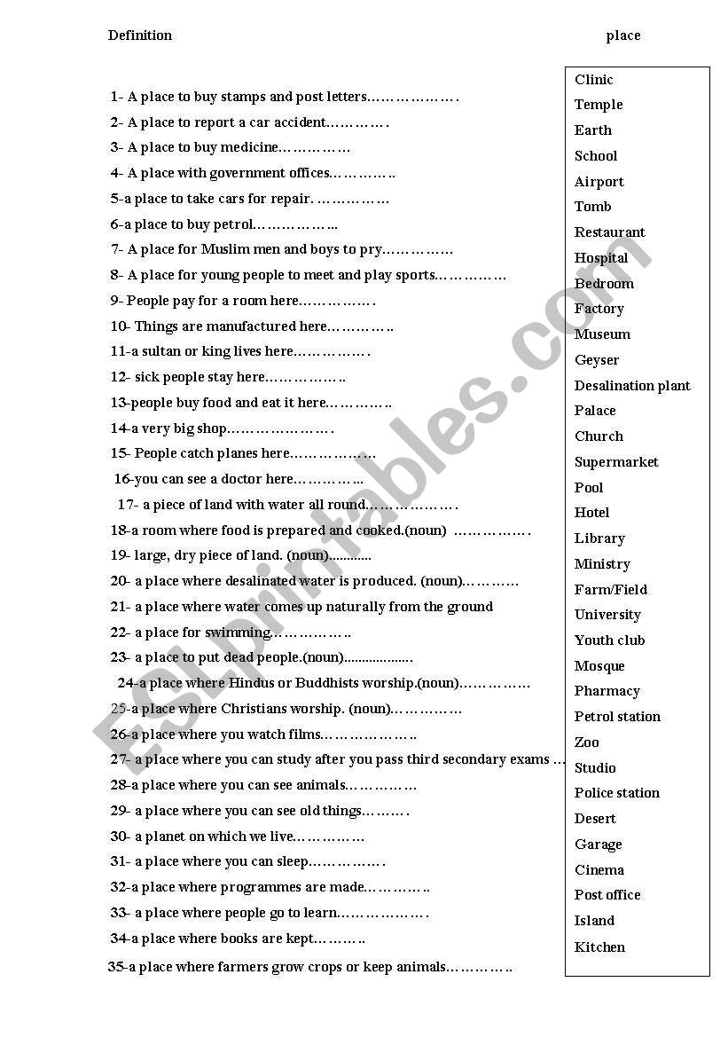 definitions of places worksheet