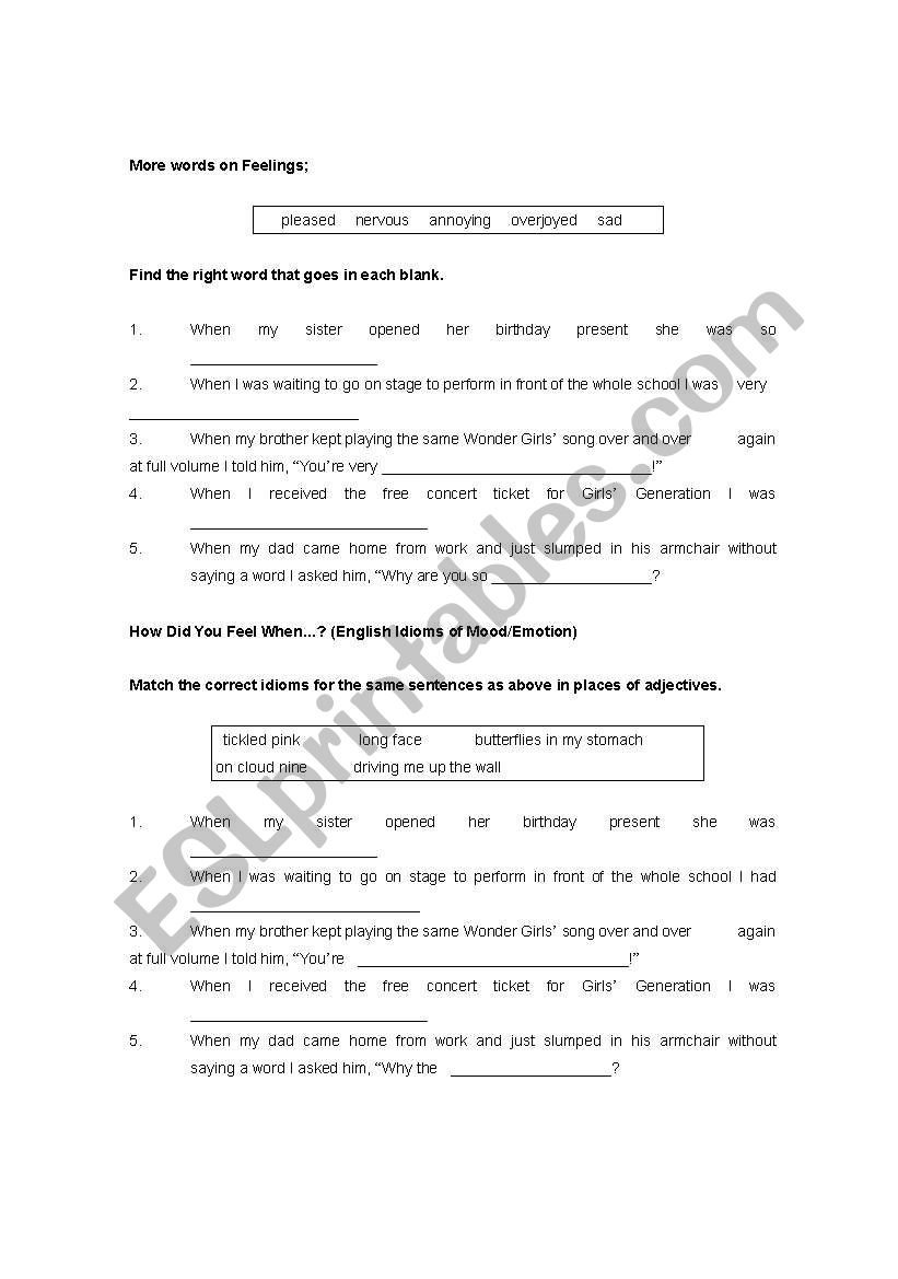 More words on feelings worksheet