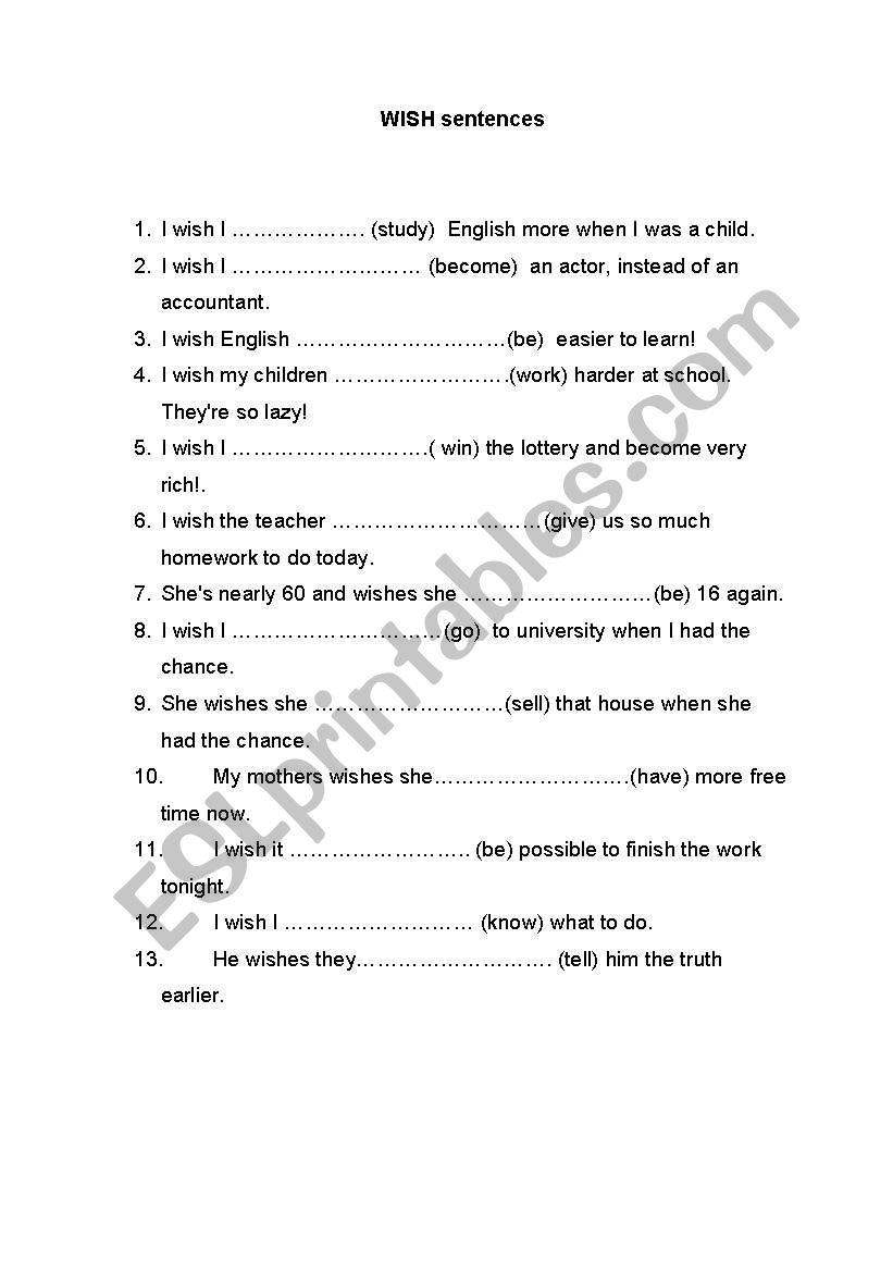 WISH sentences worksheet