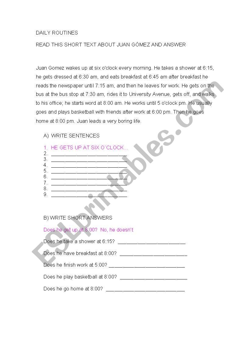 daily routines worksheet