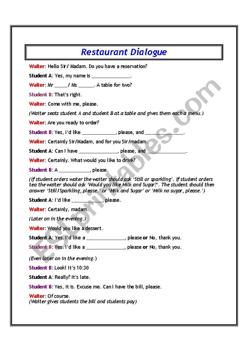 Restaurant Dialogue worksheet