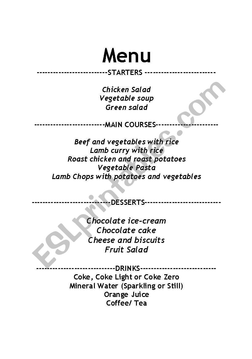 Restaurant Menu  worksheet