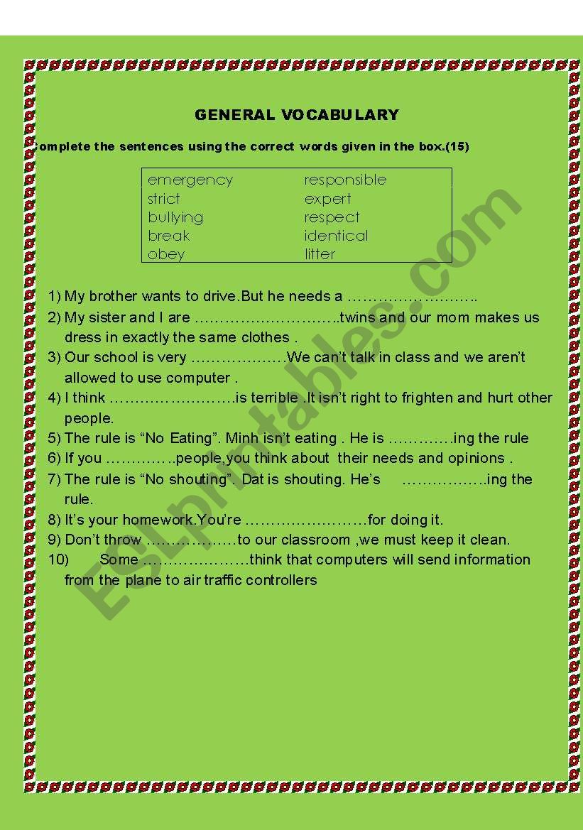 General vocabulary  worksheet