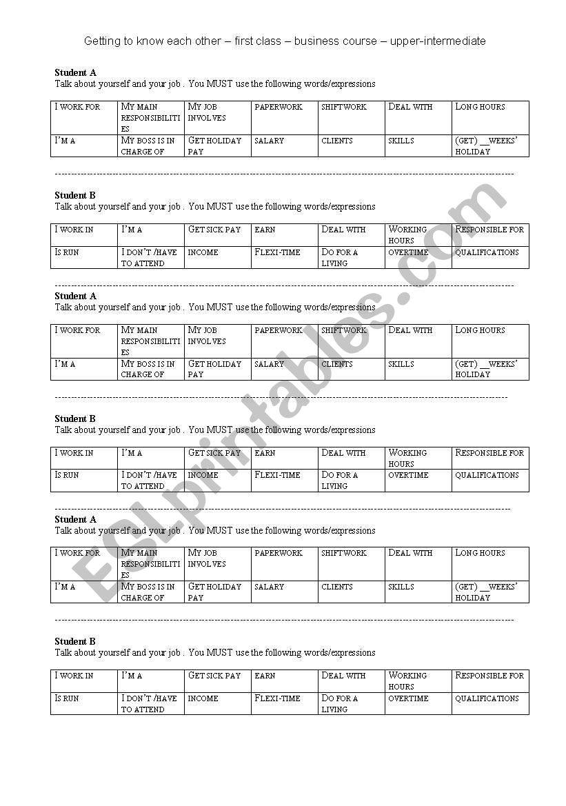 Pairwork for first business class- Intermediat/Upper Intermediate