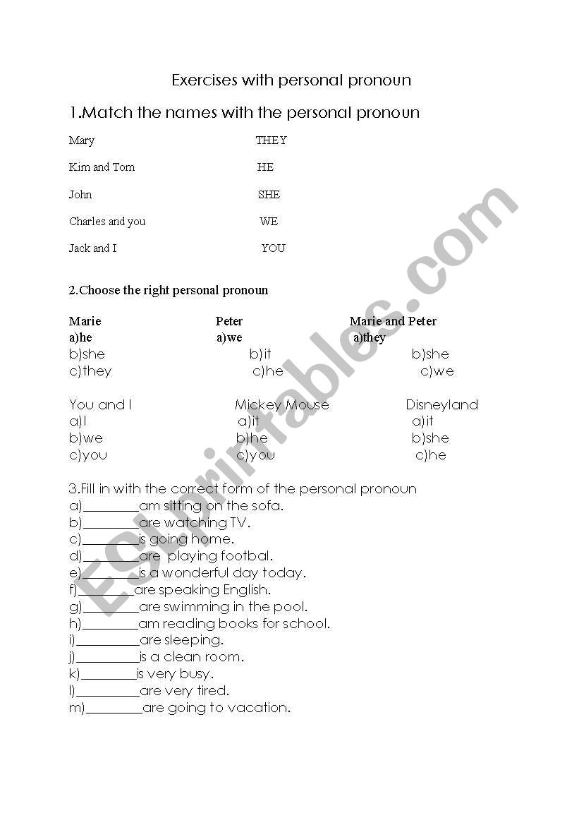 personal pronoun worksheet