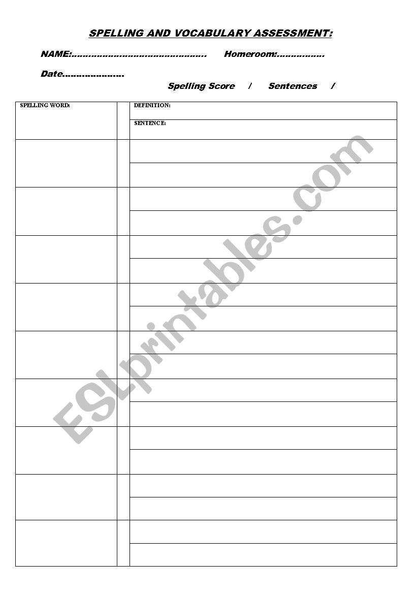 English worksheets: Spelling, definition and sentence template Regarding Blank Vocabulary Worksheet Template