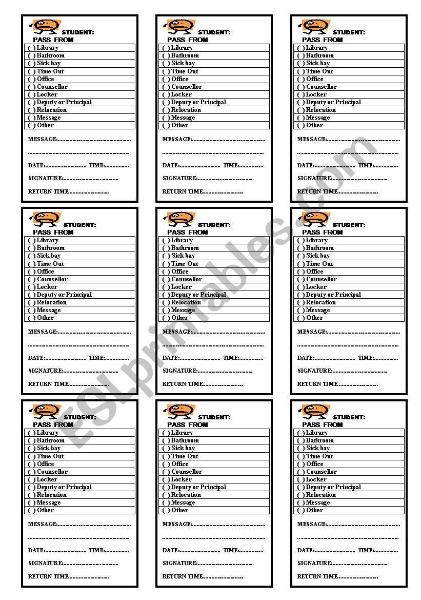 Hall Pass worksheet