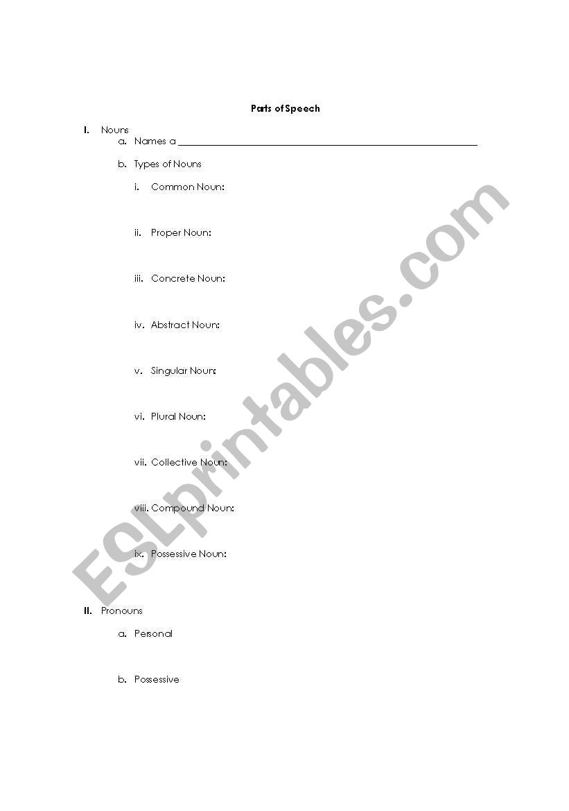 Parts of Speech worksheet