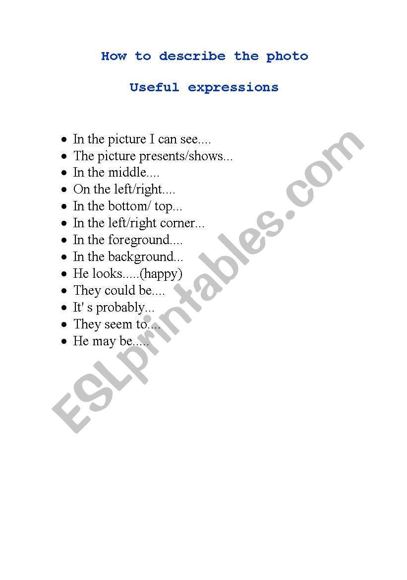 how to describe the photo worksheet