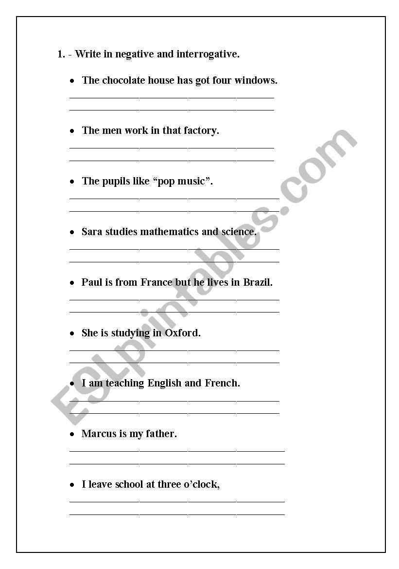 INTERROGATIVE AND NEGATIVE worksheet