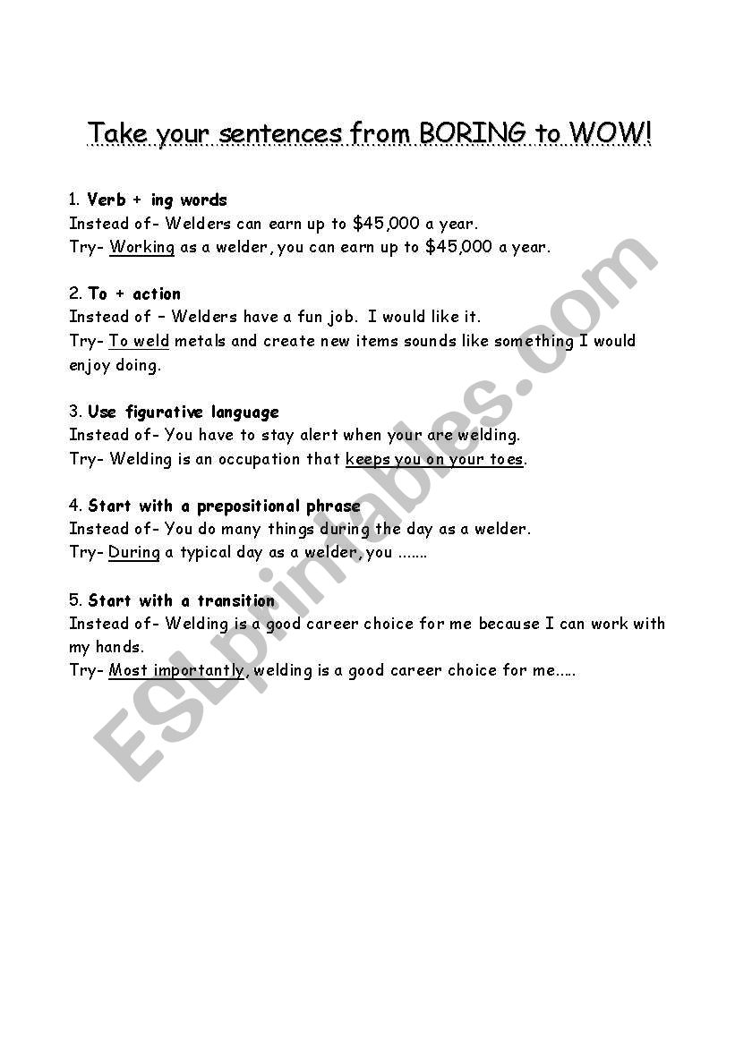 Exciting Sentence Starters worksheet