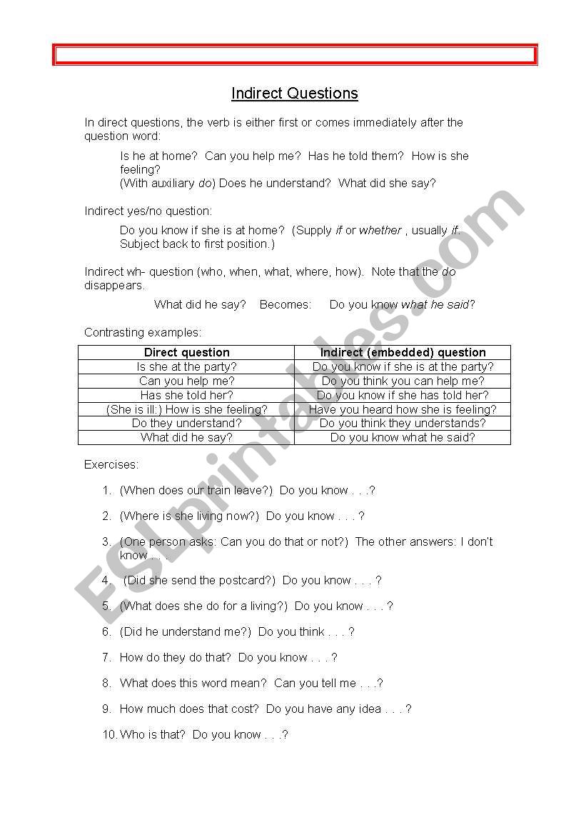Indirect questions exercies and explination sheet, asking for directions role play with direction vocabulary sheet 
