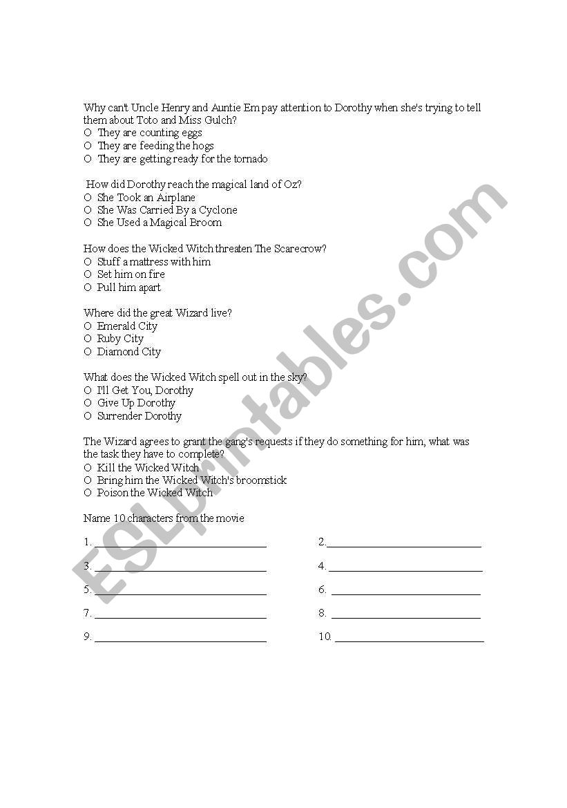 Wizard of Oz worksheet