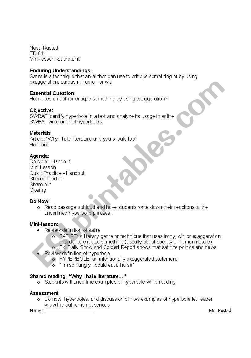 hyperbole lesson plan and worksheet