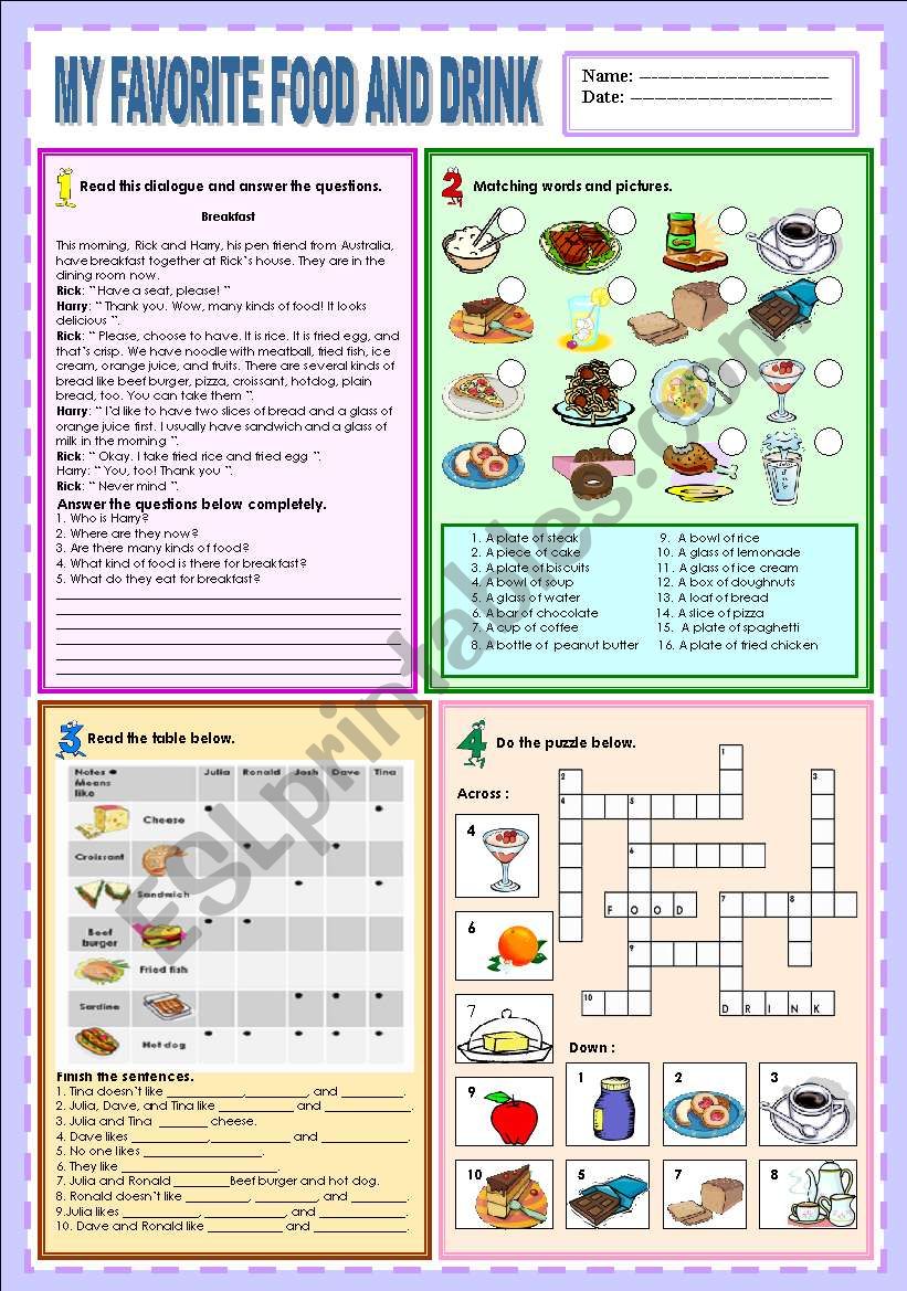 My favorite food and drink worksheet