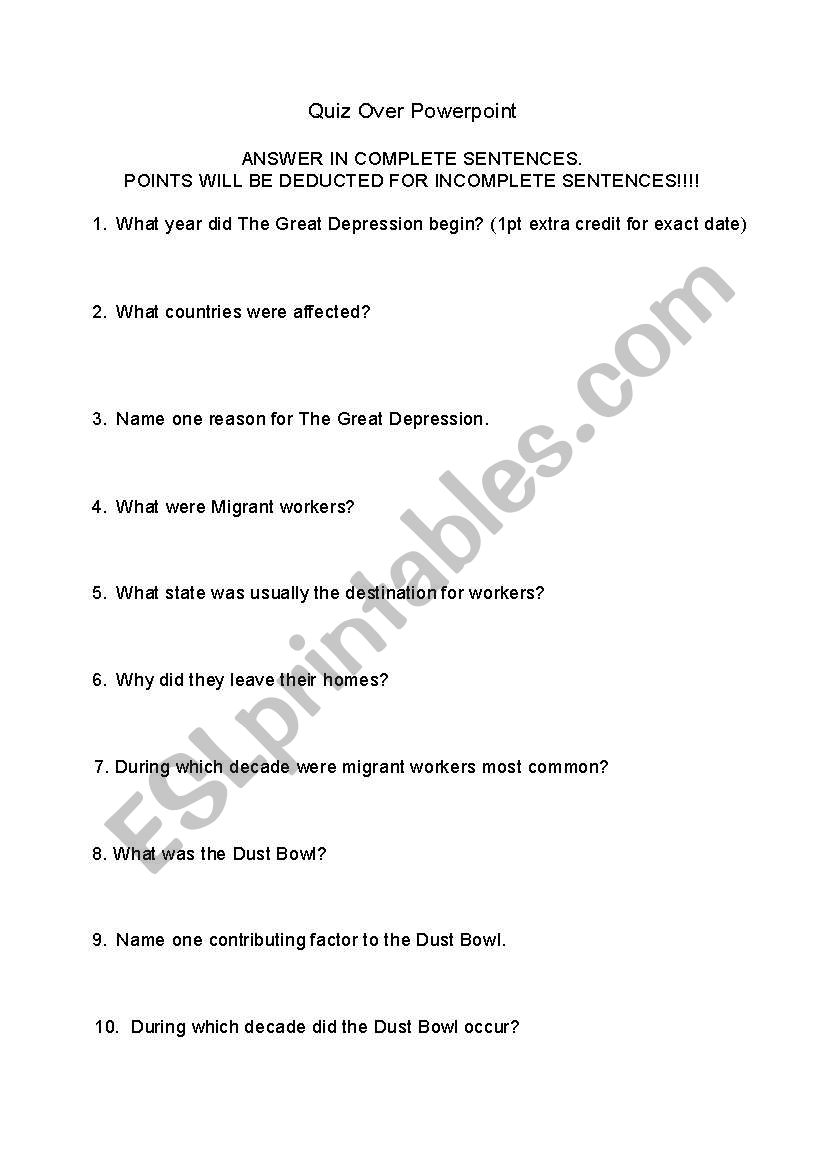 Powerpoint quiz worksheet