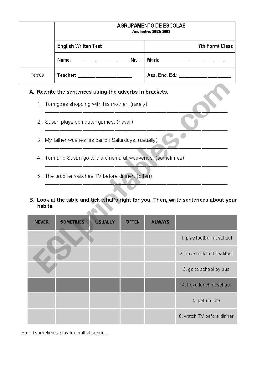 Grammar test worksheet