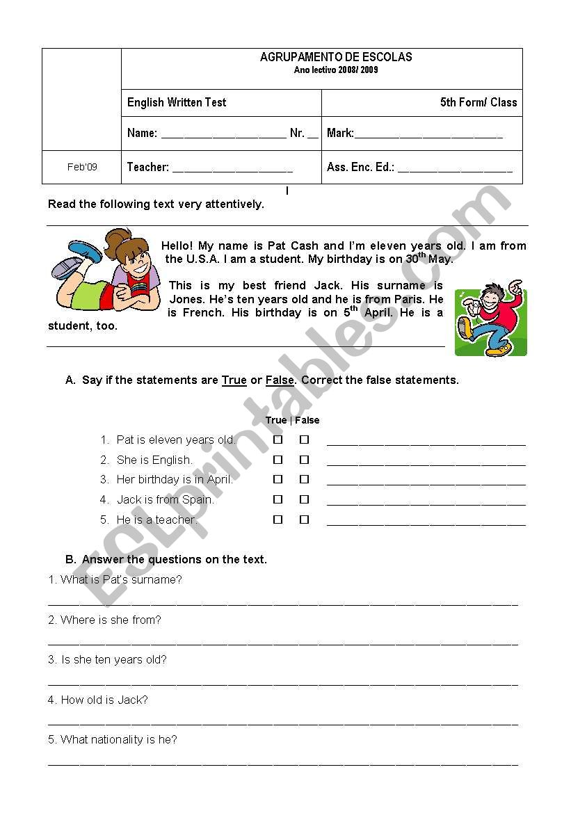 5th form test worksheet