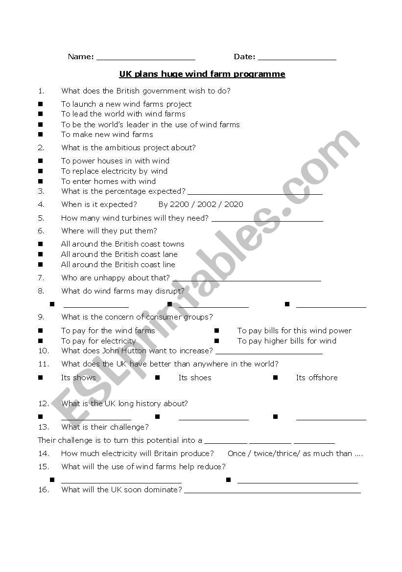 UK WIND FARMS worksheet