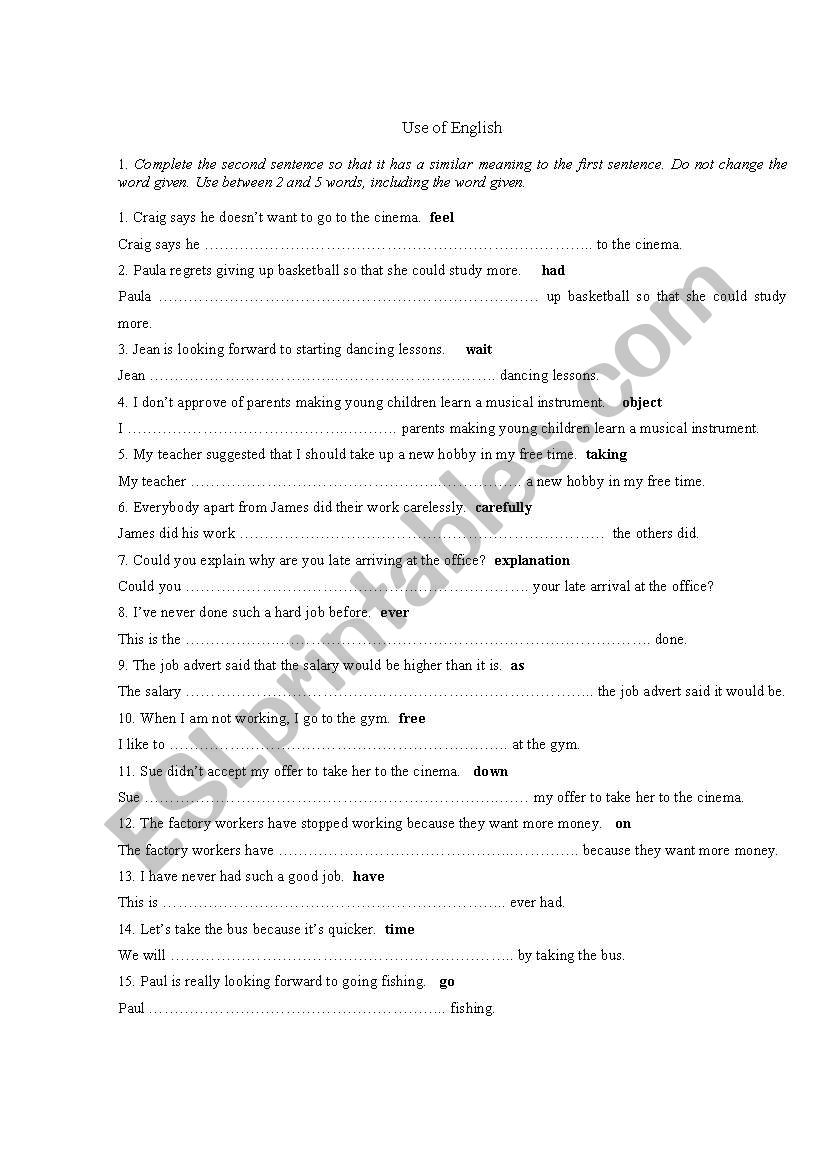 Sentence transformations worksheet
