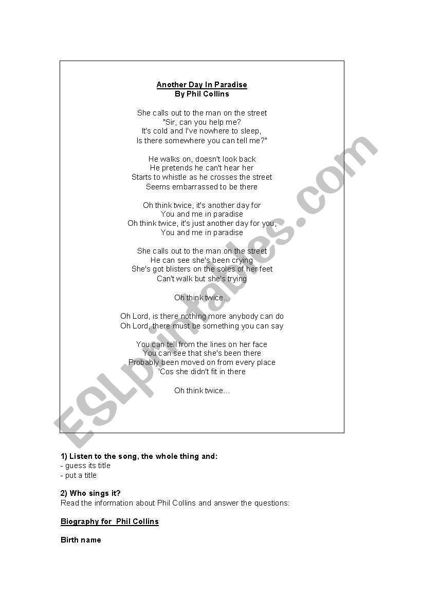 Song Worksheet: Another Day in Paradise (Personal and Object Pronouns)